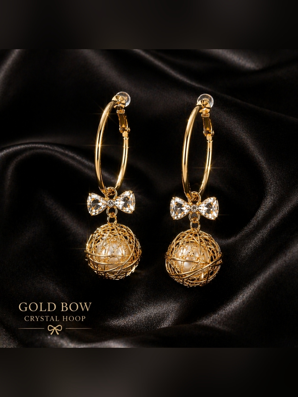 Elegant Gold Hoop Bow Earrings with Crystal & Pearl Drop Elegant Statement